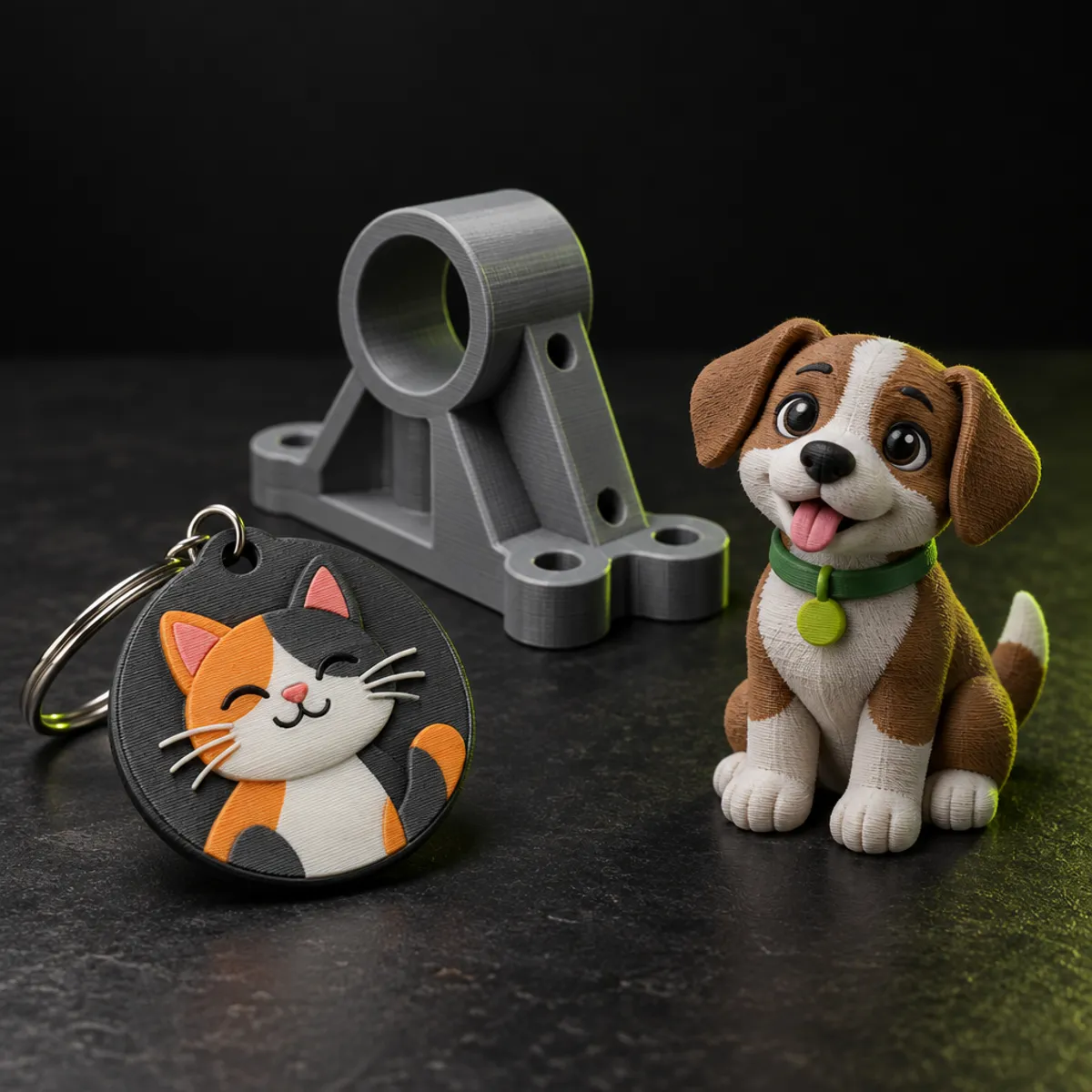 Chaveiro de gato e miniatura de cachorro impressos em 3D
